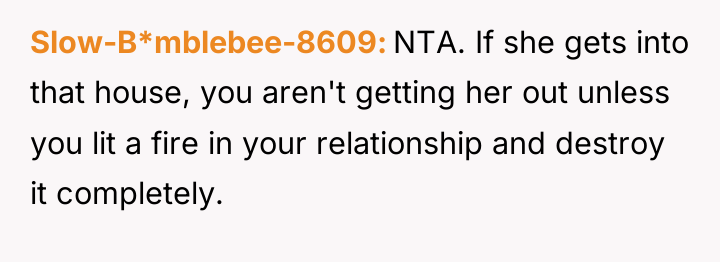 Slow-B*mblebee-8609 NTA. If she gets into that house, you aren't...