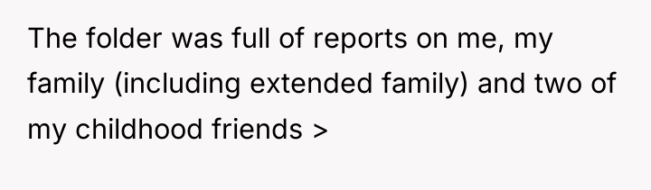 The folder was full of reports on me, my family...