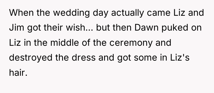 When the wedding day actually came Liz and Jim got...