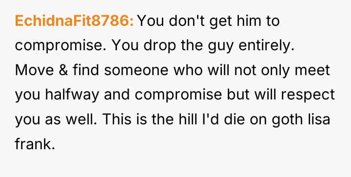 EchidnaFit8786 You don't get him to compromise. You drop the...