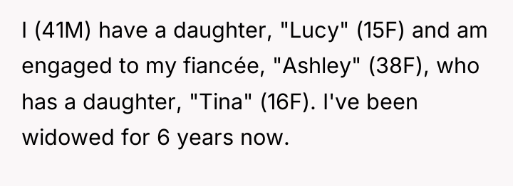 I (41M) have a daughter, "Lucy" (15F) and am engaged...