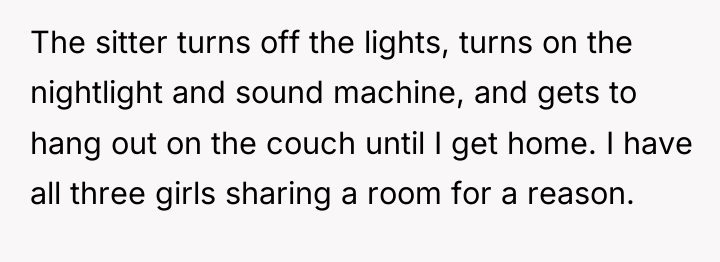 The sitter turns off the lights, turns on the nightlight...