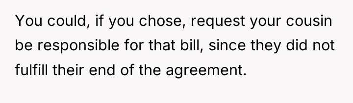 You could, if you chose, request your cousin be responsible...