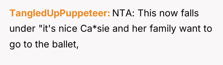 TangledUpPuppeteer NTA: This now falls under "it's nice Ca*sie and...