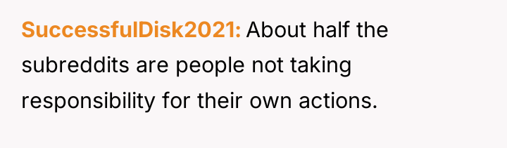 SuccessfulDisk2021 About half the subreddits are people not taking responsibility...