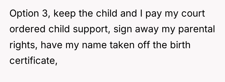 Option 3, keep the child and I pay my court...