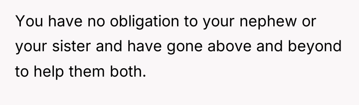 You have no obligation to your nephew or your sister...