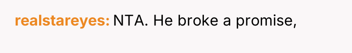 realstareyes NTA. He broke a promise,