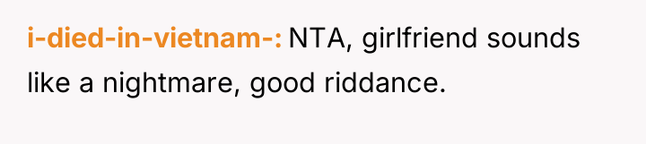 i-died-in-vietnam- NTA, girlfriend sounds like a nightmare, good riddance.