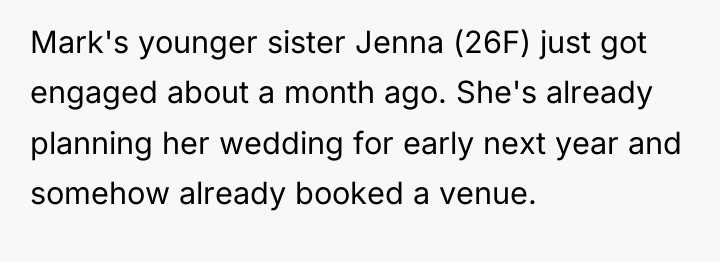 Mark's younger sister Jenna (26F) just got engaged about a...