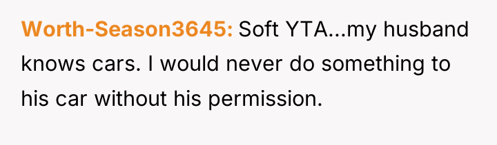 Worth-Season3645 Soft YTA...my husband knows cars. I would never do...