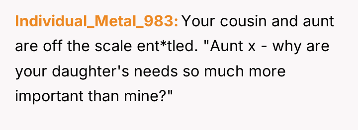 Individual_Metal_983 Your cousin and aunt are off the scale ent*tled....