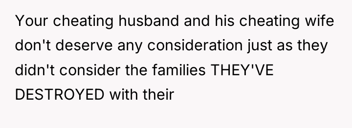 Your cheating husband and his cheating wife don't deserve any...