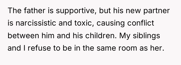The father is supportive, but his new partner is narcissistic...