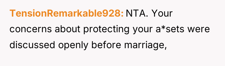 TensionRemarkable928 NTA. Your concerns about protecting your a*sets were discussed...