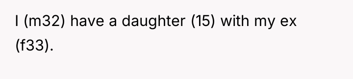 I (m32) have a daughter (15) with my ex (f33).