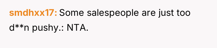 smdhxx17 Some salespeople are just too d**n pushy.: NTA.