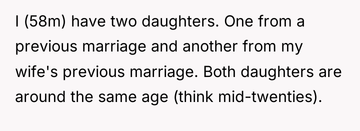 I (58m) have two daughters. One from a previous marriage...