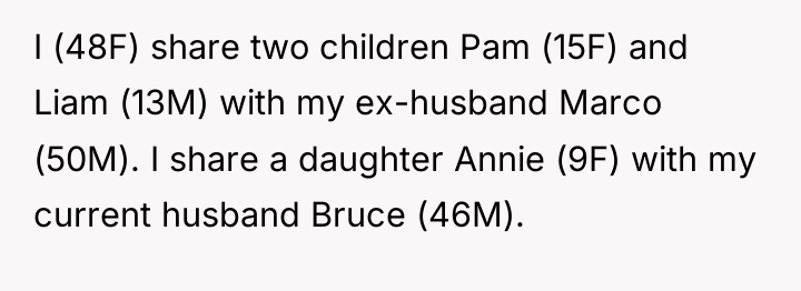 I (48F) share two children Pam (15F) and Liam (13M)...