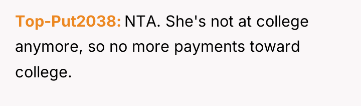 Top-Put2038 NTA. She's not at college anymore, so no more...