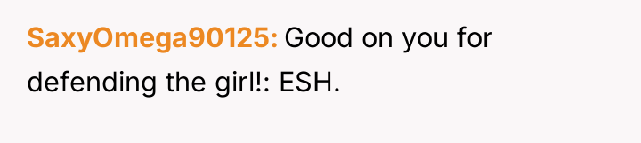 SaxyOmega90125 Good on you for defending the girl!: ESH.
