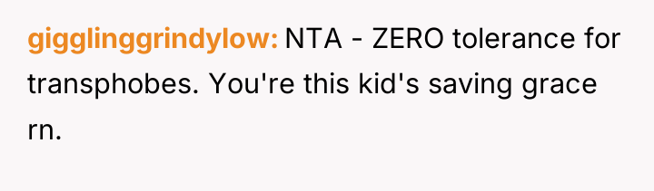 gigglinggrindylow NTA - ZERO tolerance for transphobes. You're this kid's...