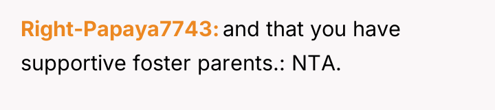 Right-Papaya7743 and that you have supportive foster parents.: NTA.
