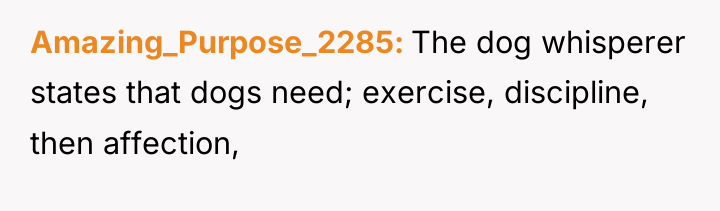 Amazing_Purpose_2285 The dog whisperer states that dogs need; exercise, discipline,...