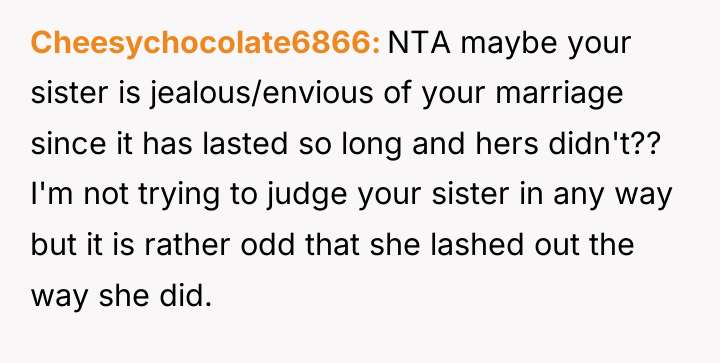 Cheesychocolate6866 NTA maybe your sister is jealous/envious of your marriage...