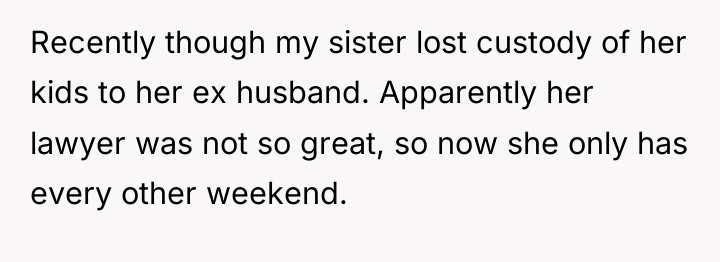 Recently though my sister lost custody of her kids to...