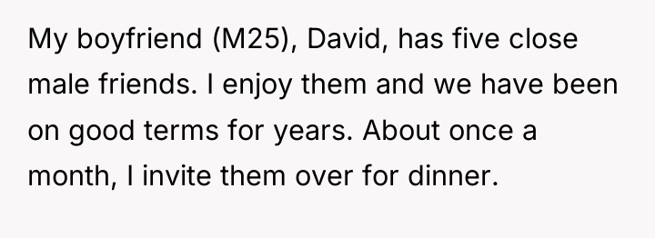 My boyfriend (M25), David, has five close male friends. I...