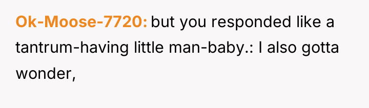 Ok-Moose-7720 but you responded like a tantrum-having little man-baby.: I...