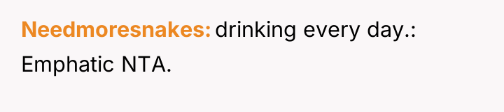 Needmoresnakes drinking every day.: Emphatic NTA.