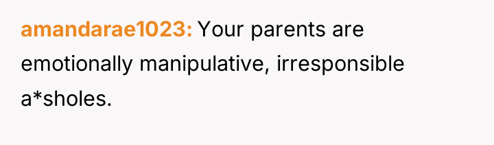 amandarae1023 Your parents are emotionally manipulative, irresponsible a*sholes.