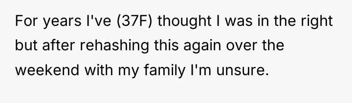 For years I've (37F) thought I was in the right...