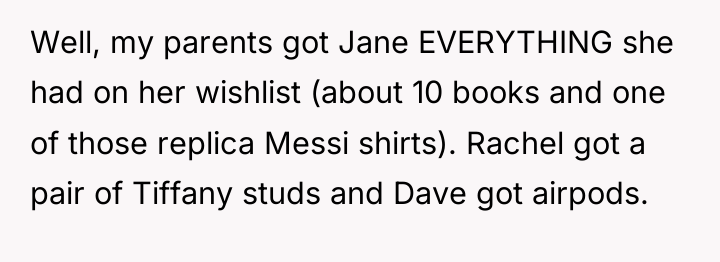 Well, my parents got Jane EVERYTHING she had on her...