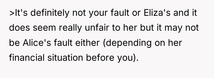 >It's definitely not your fault or Eliza's and it does...