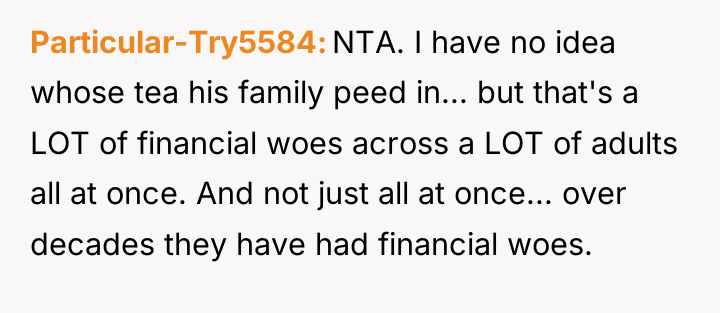 Particular-Try5584 NTA. I have no idea whose tea his family...