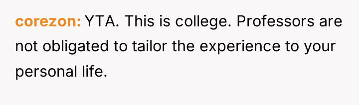corezon YTA. This is college. Professors are not obligated to...