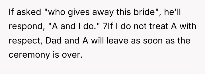 If asked "who gives away this bride", he'll respond, "A...