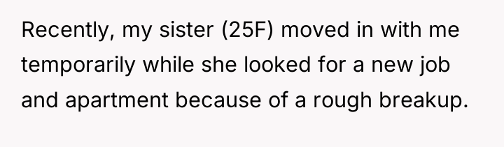 Recently, my sister (25F) moved in with me temporarily while...