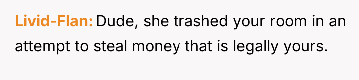 Livid-Flan Dude, she trashed your room in an attempt to...
