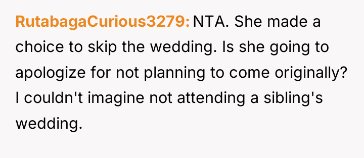 RutabagaCurious3279 NTA. She made a choice to skip the wedding....