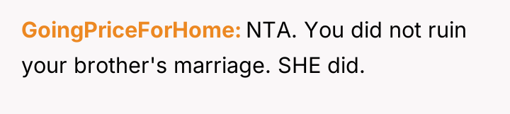 GoingPriceForHome NTA. You did not ruin your brother's marriage. SHE...