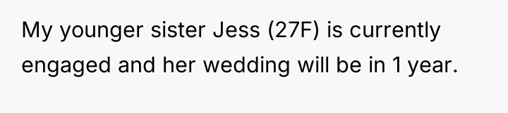 My younger sister Jess (27F) is currently engaged and her...