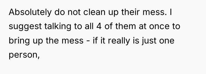 Absolutely do not clean up their mess. I suggest talking...