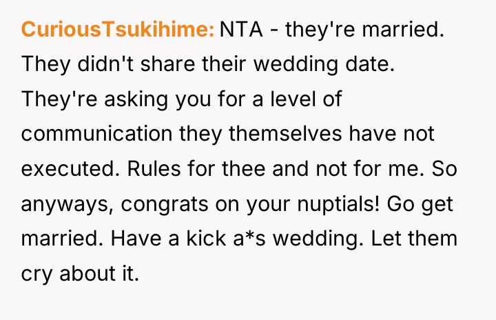 CuriousTsukihime NTA - they're married. They didn't share their wedding...