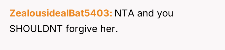ZealousidealBat5403 NTA and you SHOULDNT forgive her.