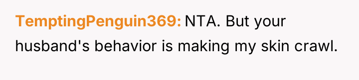TemptingPenguin369 NTA. But your husband's behavior is making my skin...