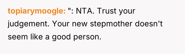 topiarymoogle ": NTA. Trust your judgement. Your new stepmother doesn't...